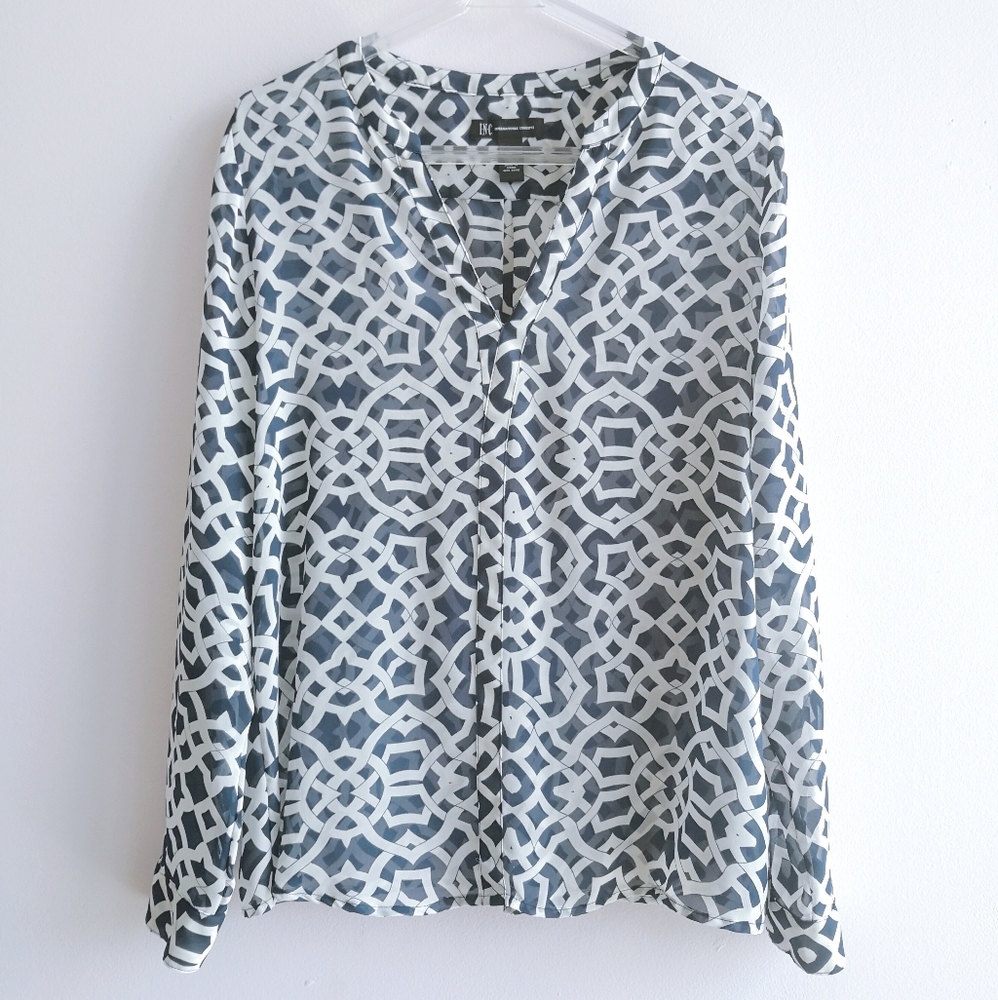 INC Navy Blue Lattice Print Sheer Blouse